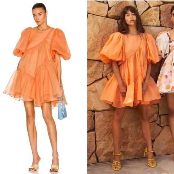 Aje Asymmetric Braided Puff Sleeve Dress Mandarin Orange